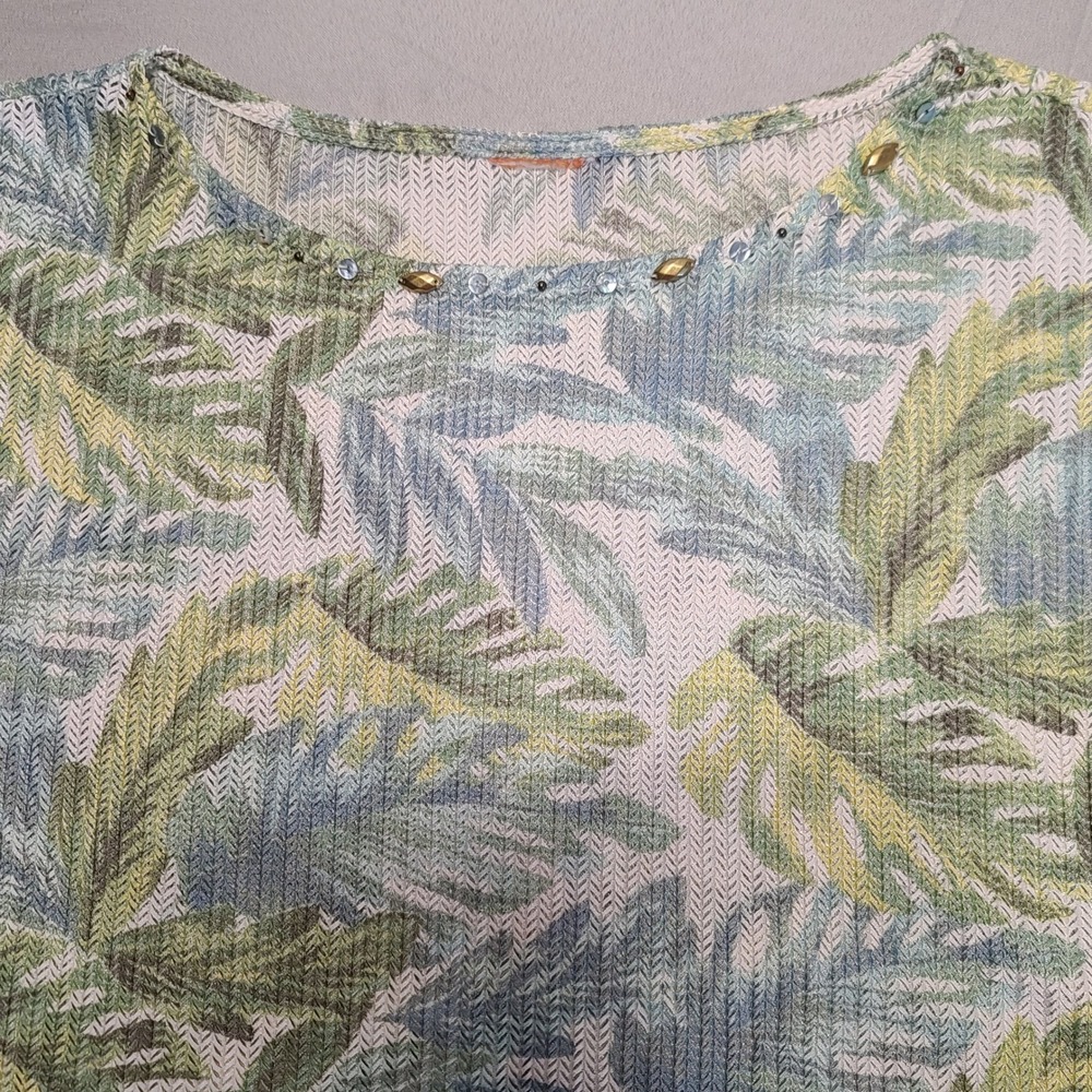 Hearts of Palm Top Womens Medium Blue Green Tropical Palm Print Embellished Knit